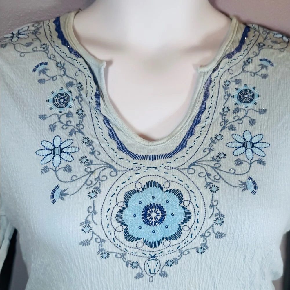 Embroidered Boho Peasant Top | Light Aqua Blue | Floral Detail | Size L - Picture 5 of 9